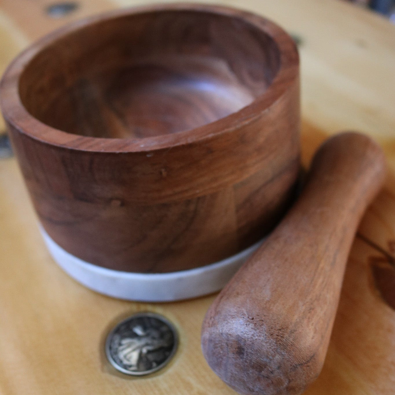 Natural Wood Mortar and Pestle with White Base