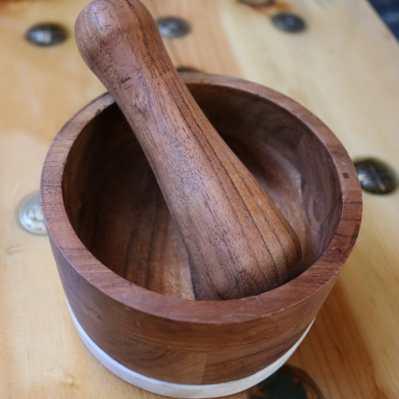 Natural Wood Mortar and Pestle with White Base