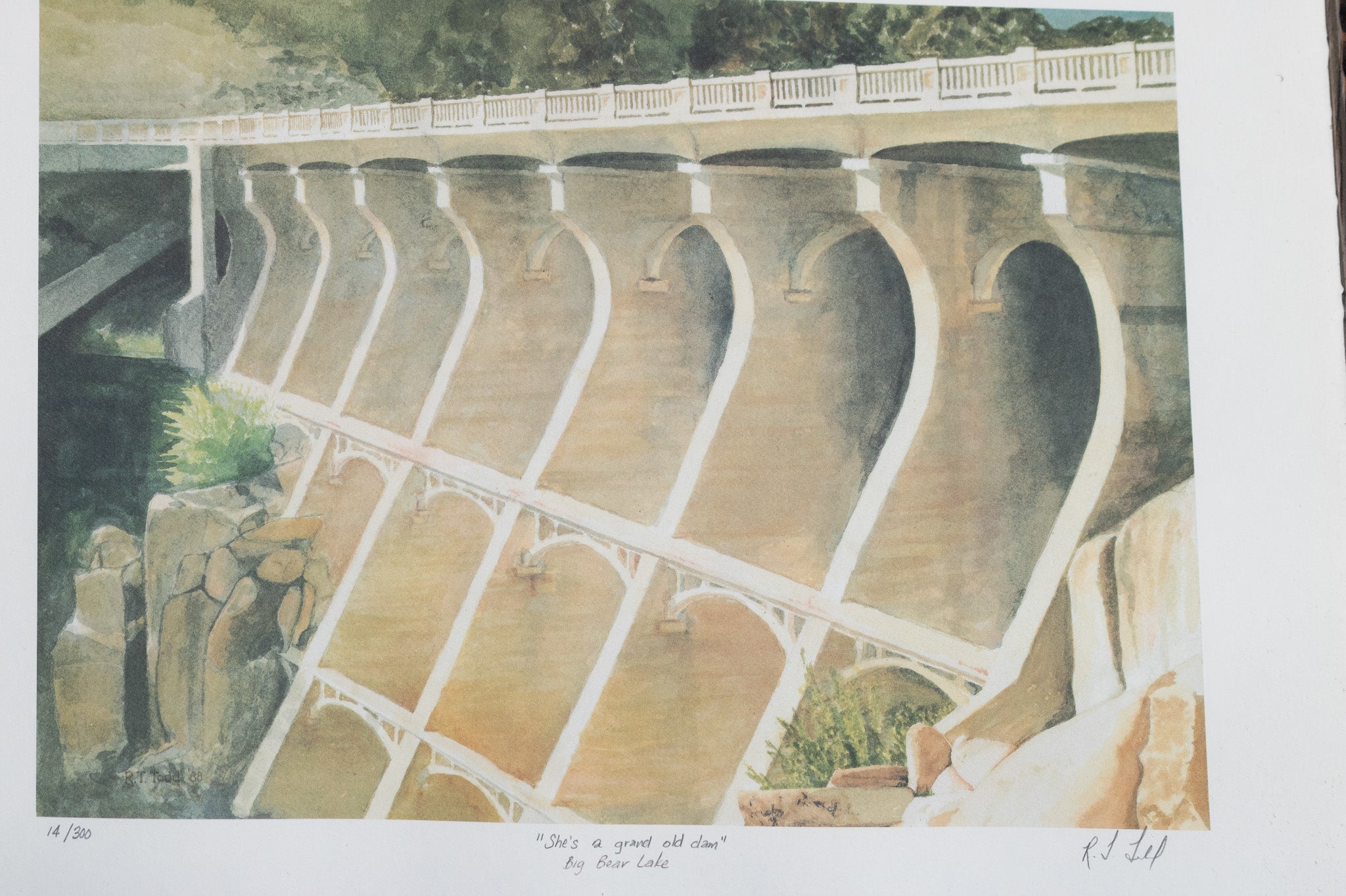 R.T. Todd “She’s A Grand Old Dam” Framed Big Bear Lake Art – Vintage Watercolor Print 24x20