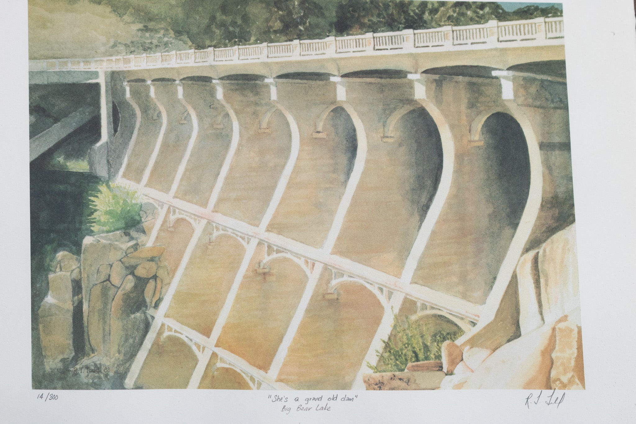 R.T. Todd “She’s A Grand Old Dam” Framed Big Bear Lake Art – Vintage Watercolor Print 24x20