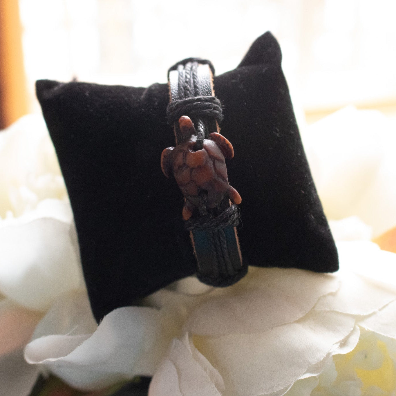 Brown Leather and Jute Cord with Turtle Resin Charm Adjustable Bracelet