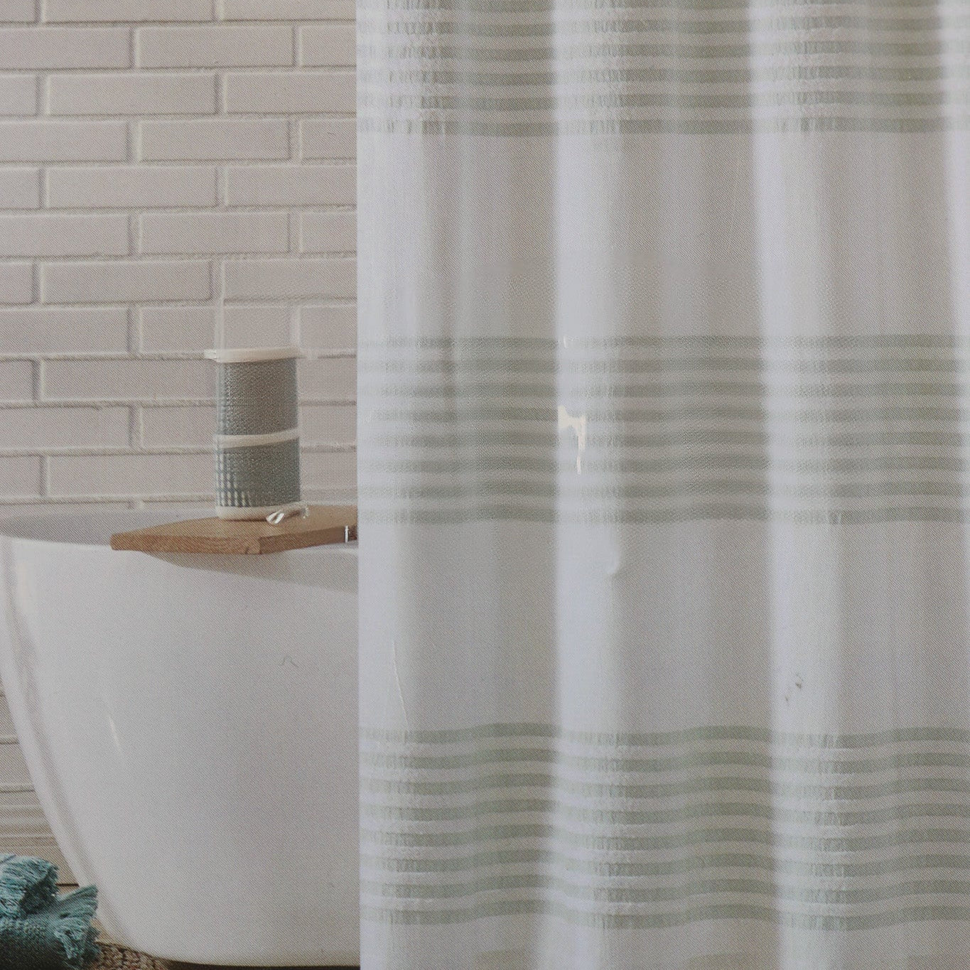 UGG Shower Curtain White with Seafoam Green Stripes