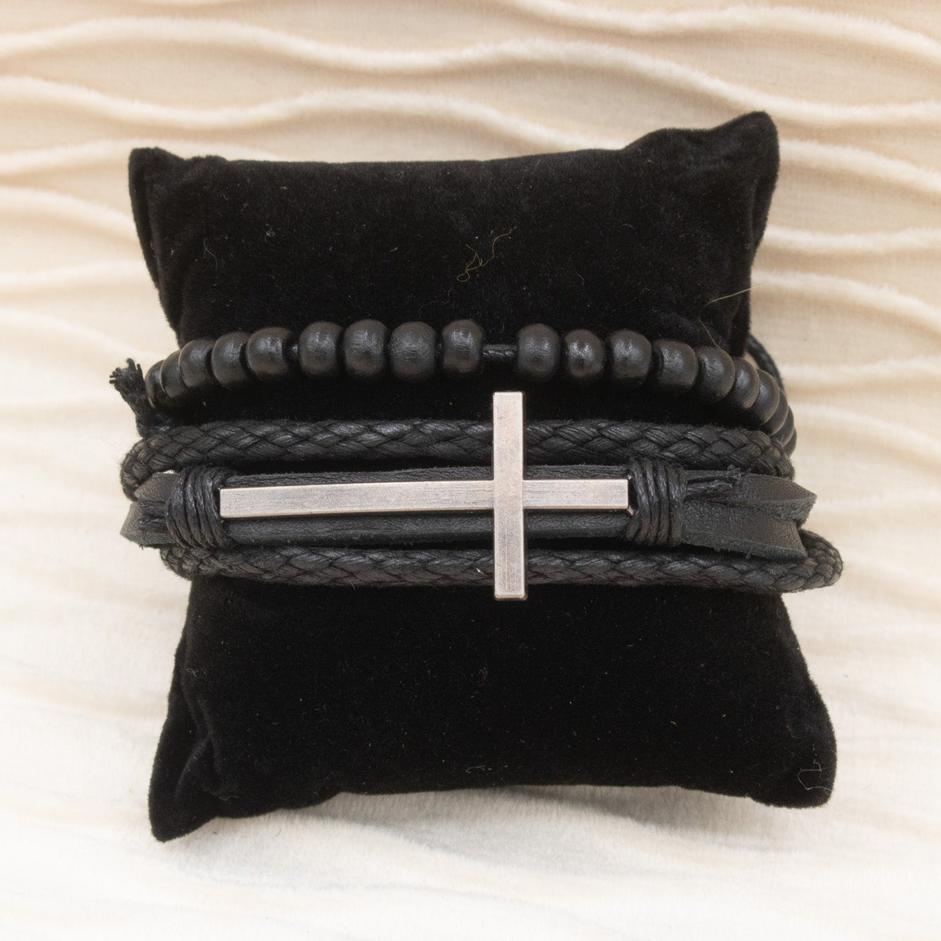 Leather Bracelet with Silver Colored Cross Charm