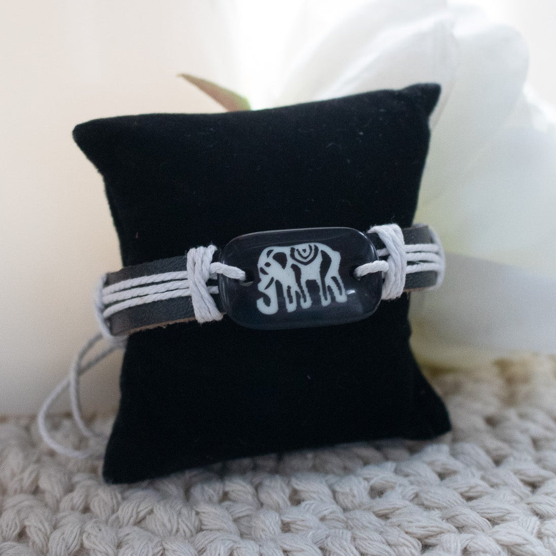 Black Leather with White Jute Cord and Elephant Charm Adjustable Bracelet
