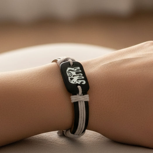 Black Leather with White Jute Cord and Elephant Charm Adjustable Bracelet