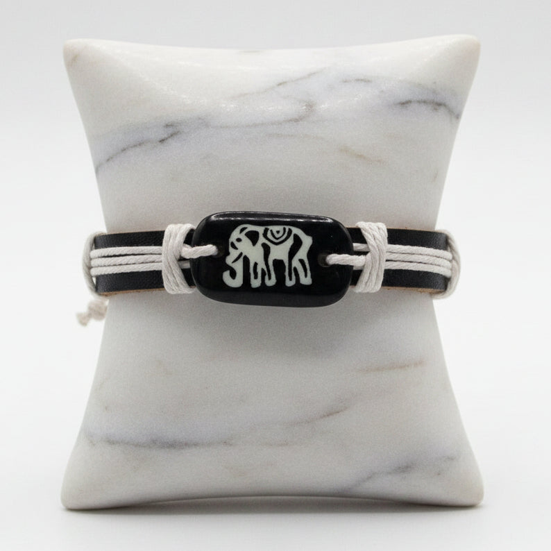Black Leather with White Jute Cord and Elephant Charm Adjustable Bracelet
