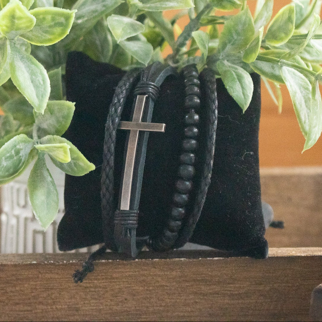Leather Bracelet with Silver Colored Cross Charm