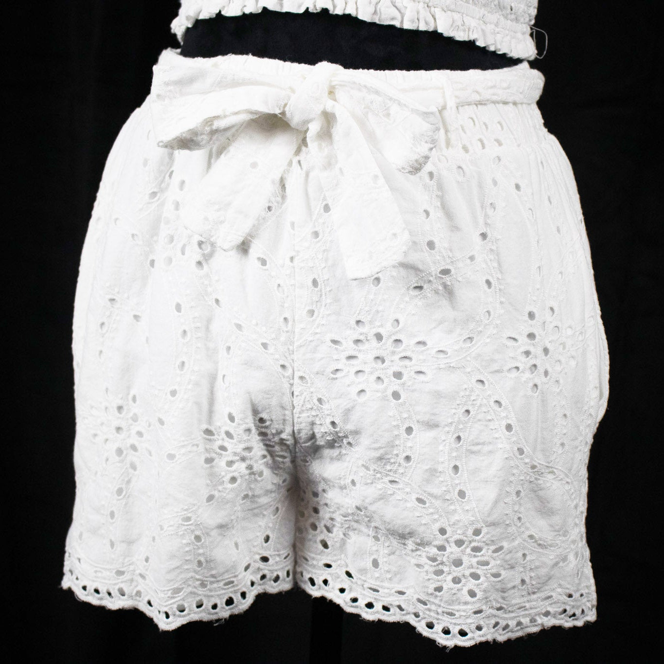 Monteau Los Angeles Set White Eyelet Shorts with Tie and Matching Eyelet Smocked Cropped Blouse Size Small