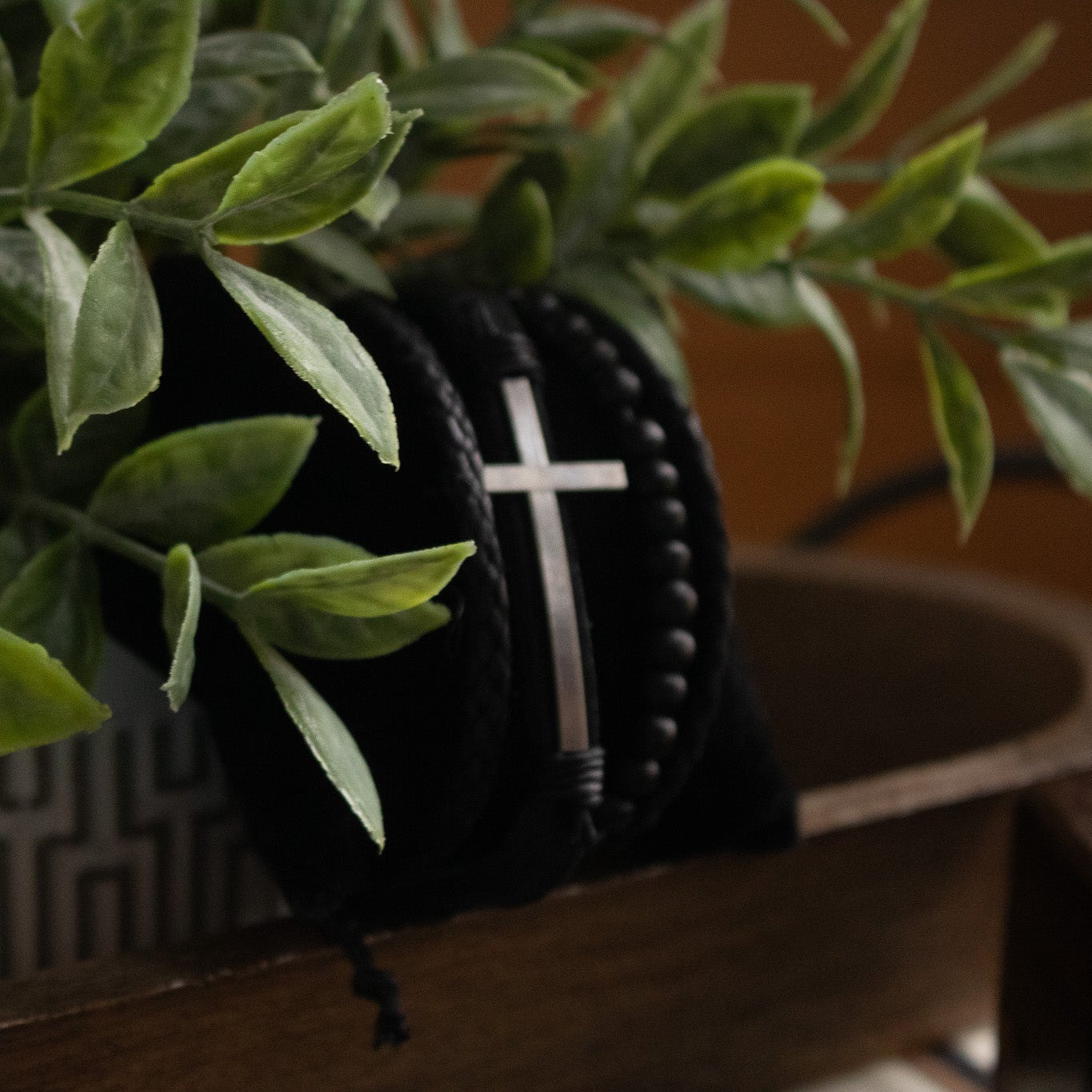 Leather Bracelet with Silver Colored Cross Charm