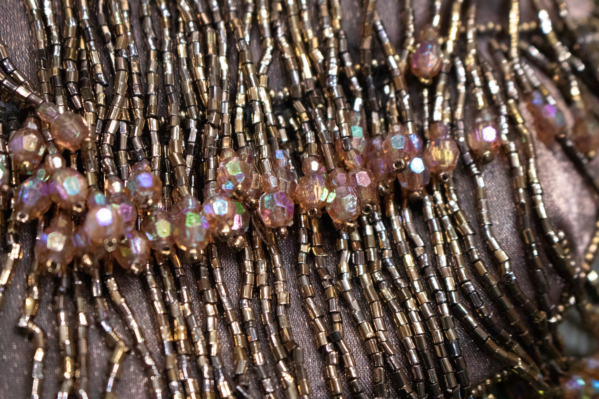 Vintage Silk Beaded Evening Clutch with Detachable Bronze Shoulder Chain Strap
