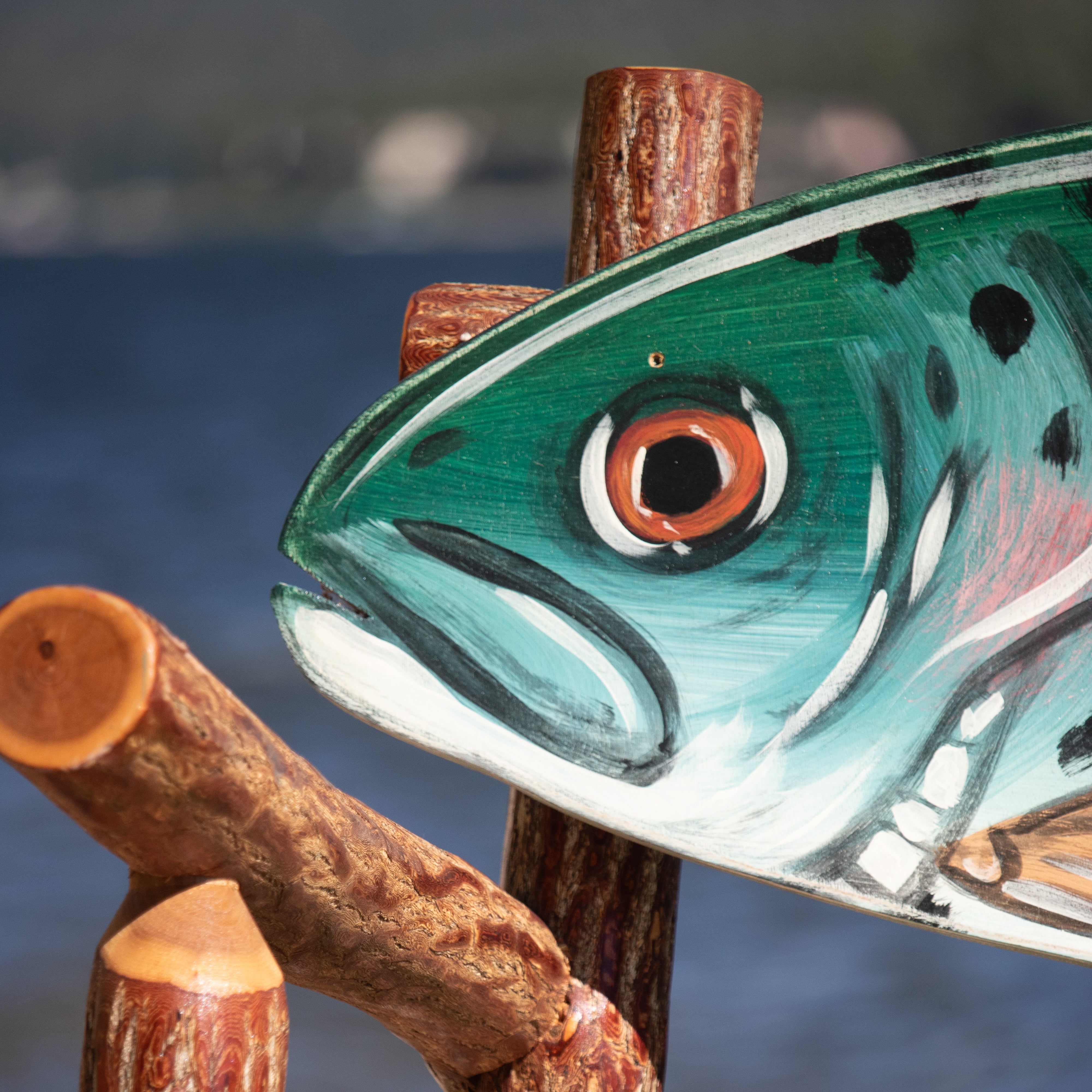 Natural Log Fish Bench Depicting a Realistic Rainbow Trout