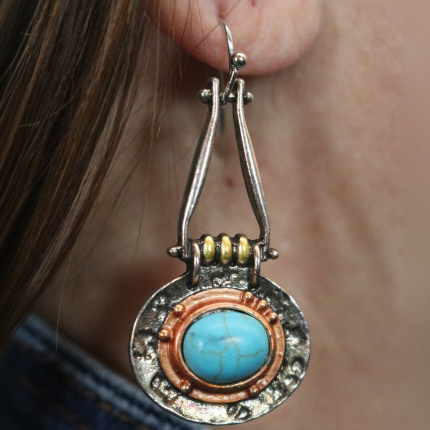 Vintage Turquoise Dangle Hook Earrings with Copper Accent 