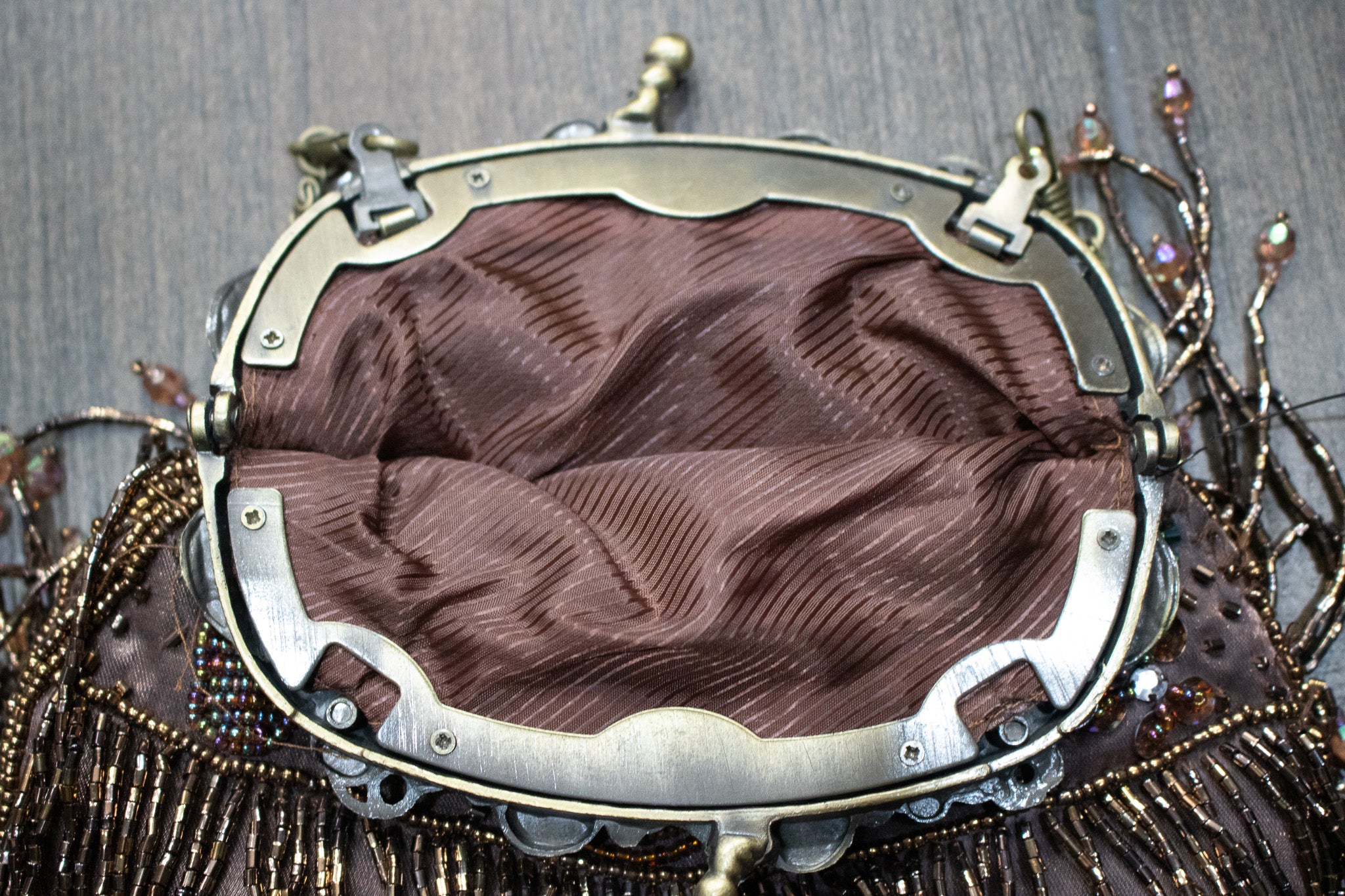 Vintage Silk Beaded Evening Clutch with Detachable Bronze Shoulder Chain Strap
