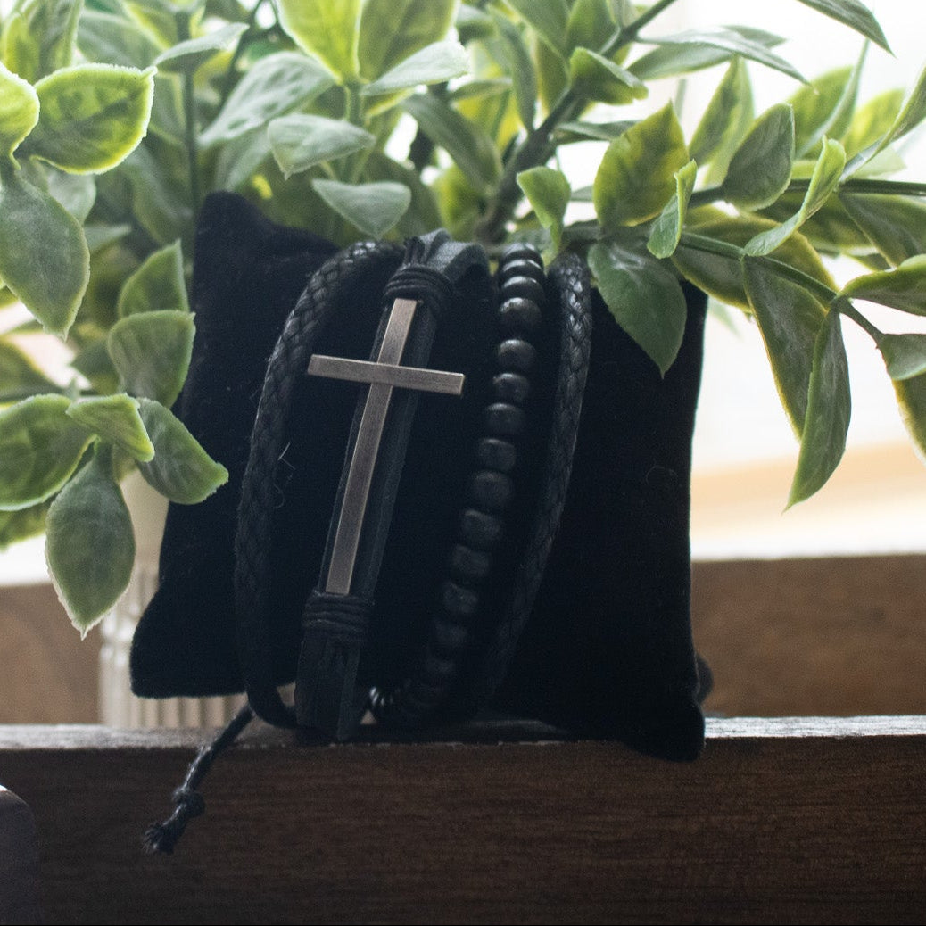 Leather Bracelet with Silver Colored Cross Charm