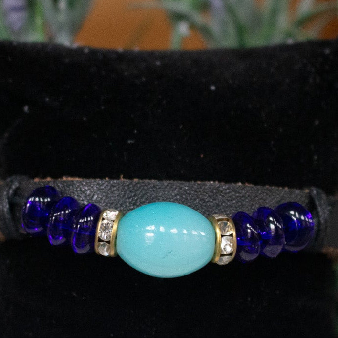 Leather Blue Glass Beaded Adjustable Bracelet