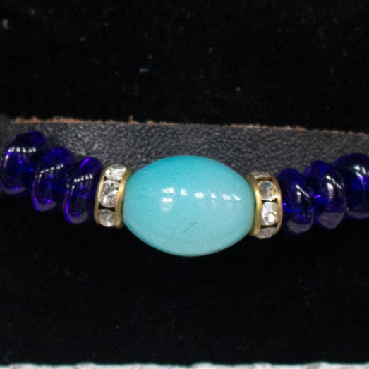 Leather Blue Glass Beaded Adjustable Bracelet