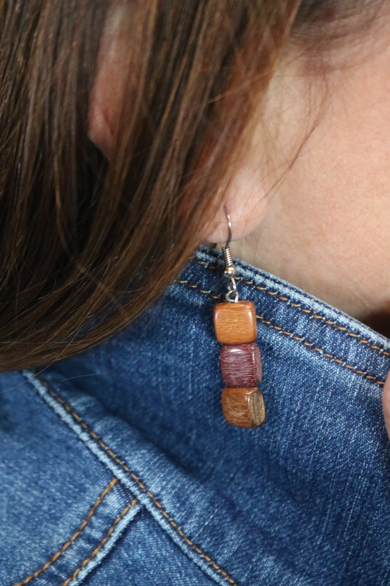 wood bead dangle earrings brown rustic boho stacked cube wooden earrings