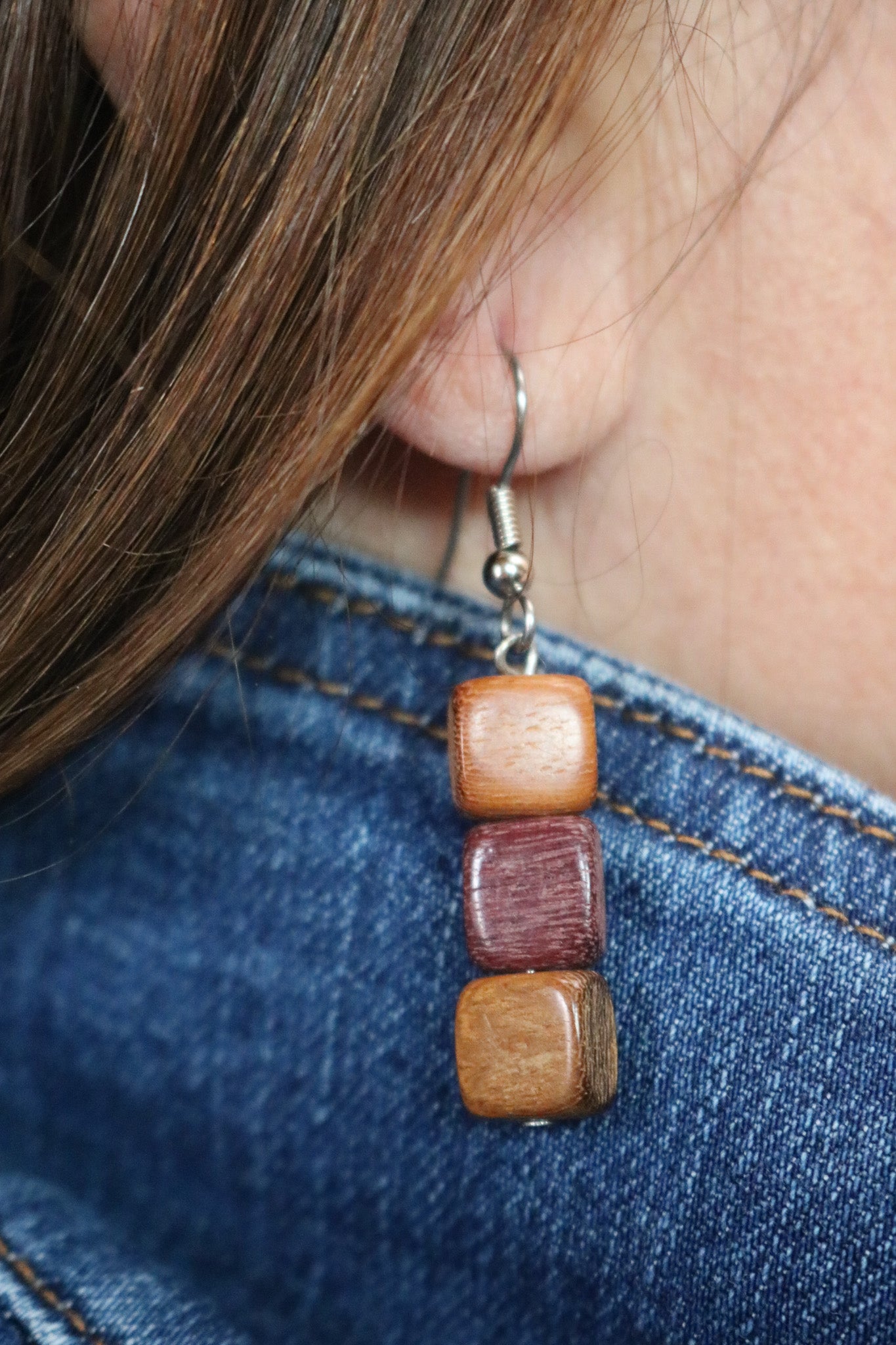 Wood Bead Dangle Earrings Brown Rustic Boho Wooden Drop Earrings Natural Style