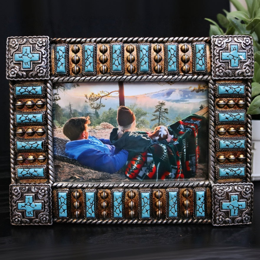 Turquoise Hills Beaded Cross Picture Frame