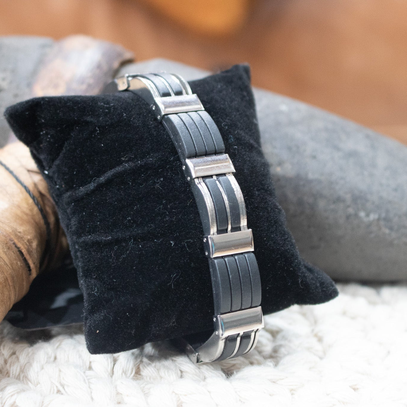 Men's Stainless Steel and with Black Claps Bracelet