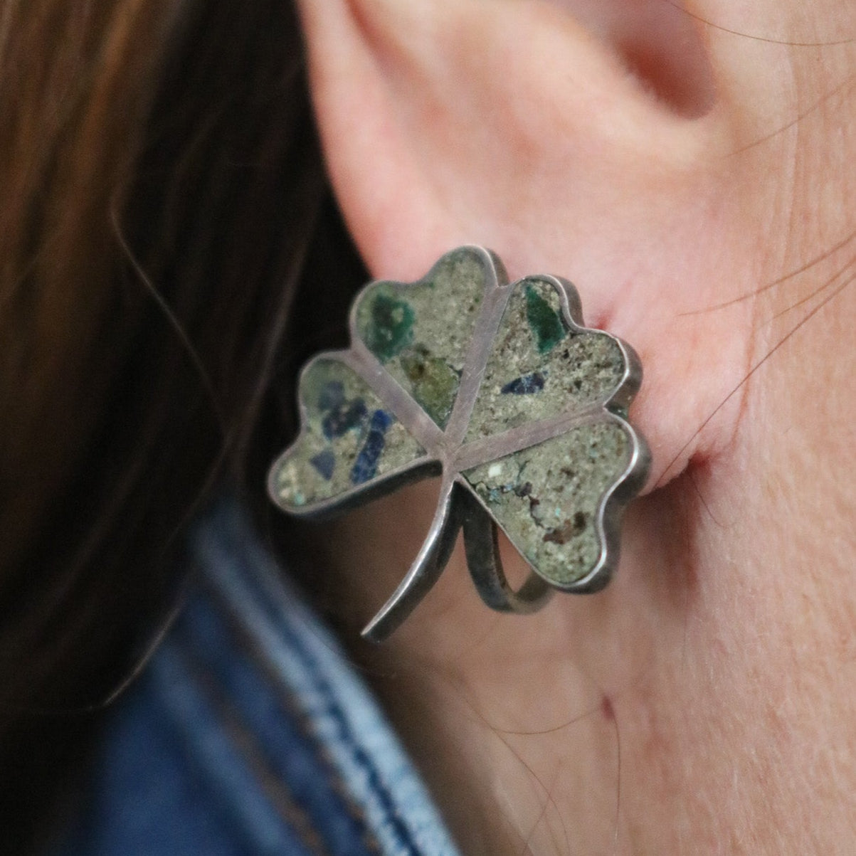 Vintage 1950s Sterling Silver Four Leaf Clover Earrings Inlaid Lucky Shamrock Jewelry