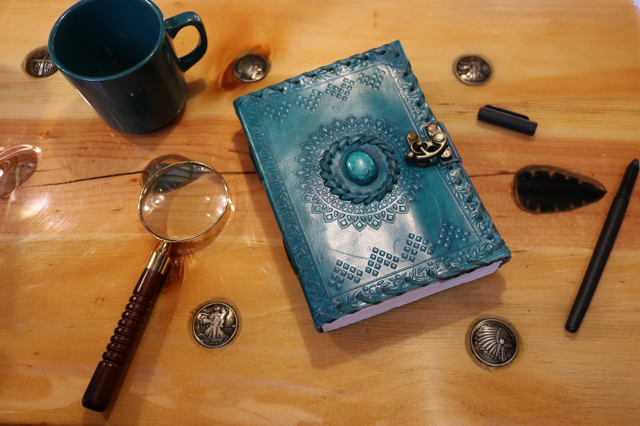 7 x 5 Book of Shadows with Turquoise Embedded Turquoise with Latch Lock