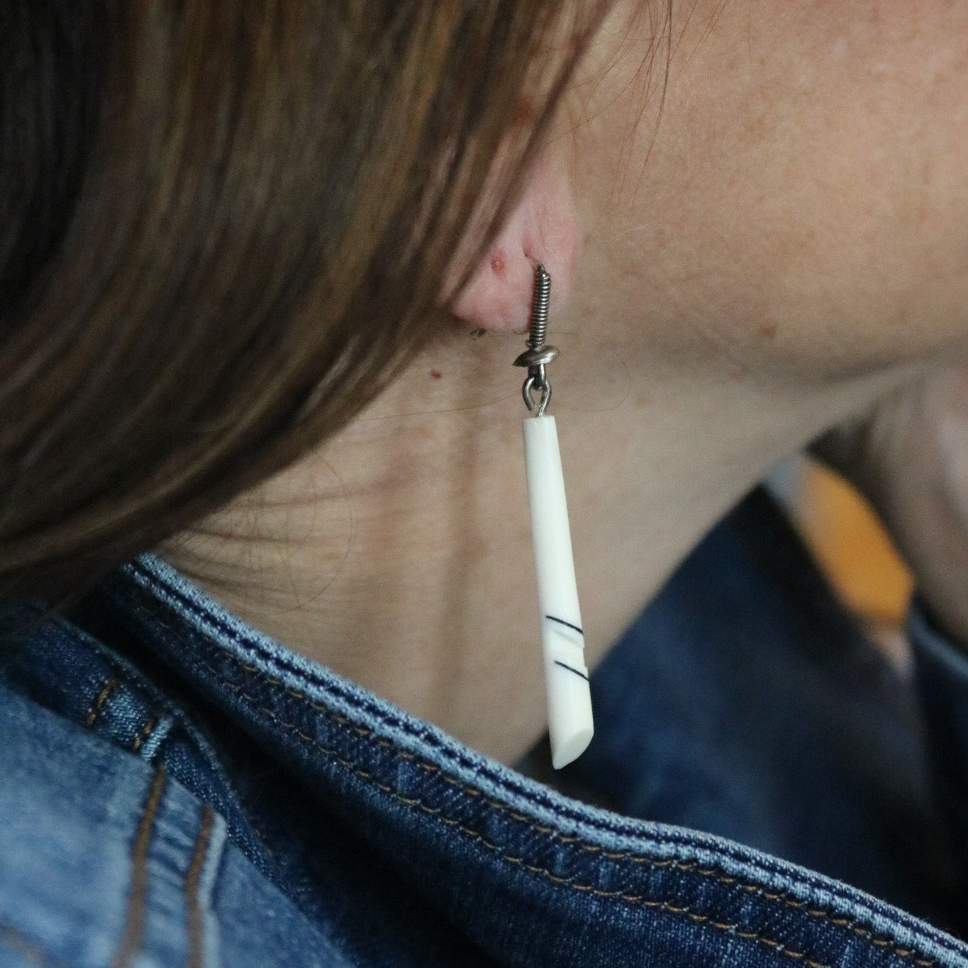 Vintage Ivory Detailed American Indian Inspired Earrings with Wooden Stand