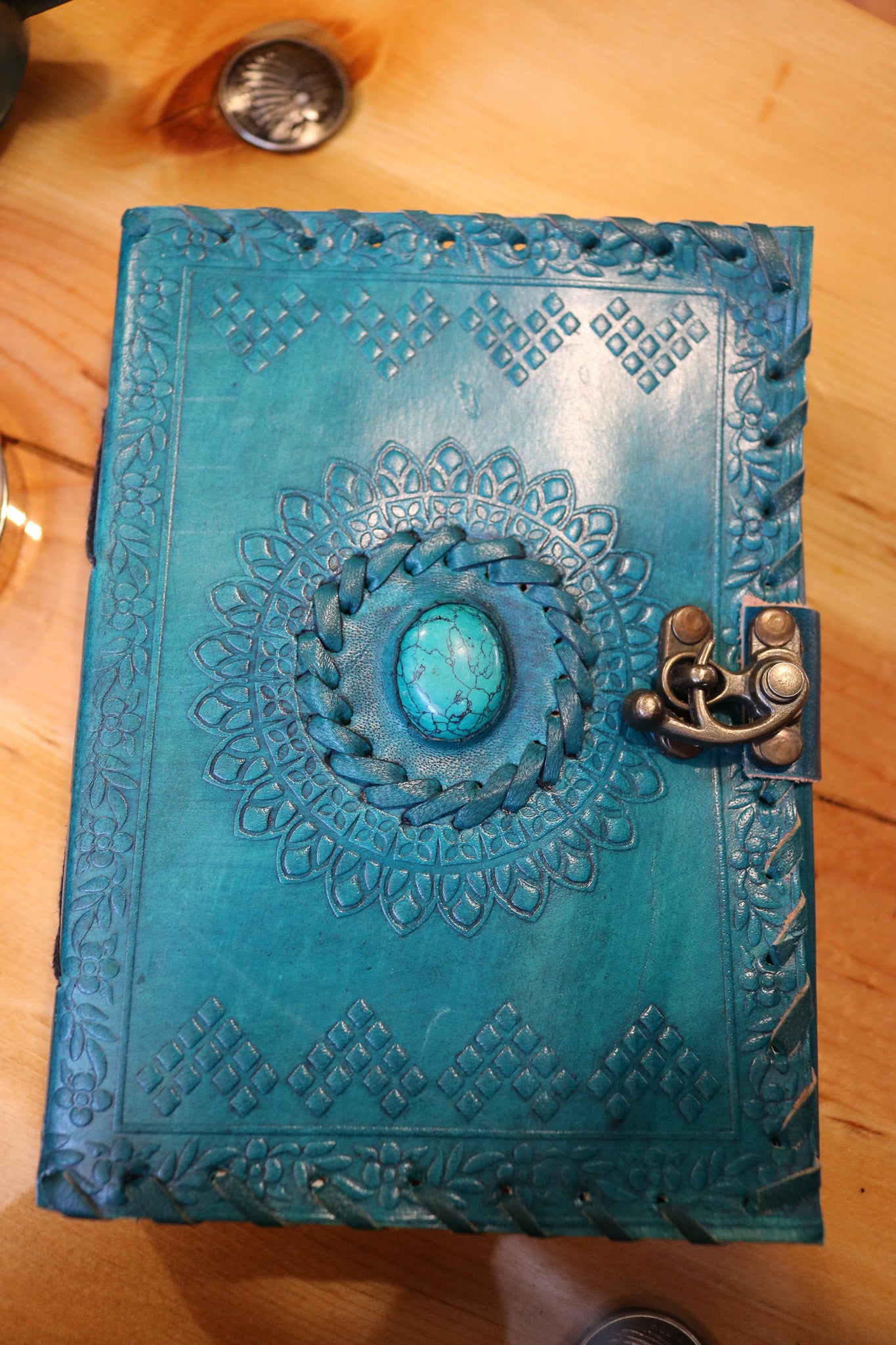 7 x 5 Book of Shadows with Turquoise Embedded Turquoise with Latch Lock