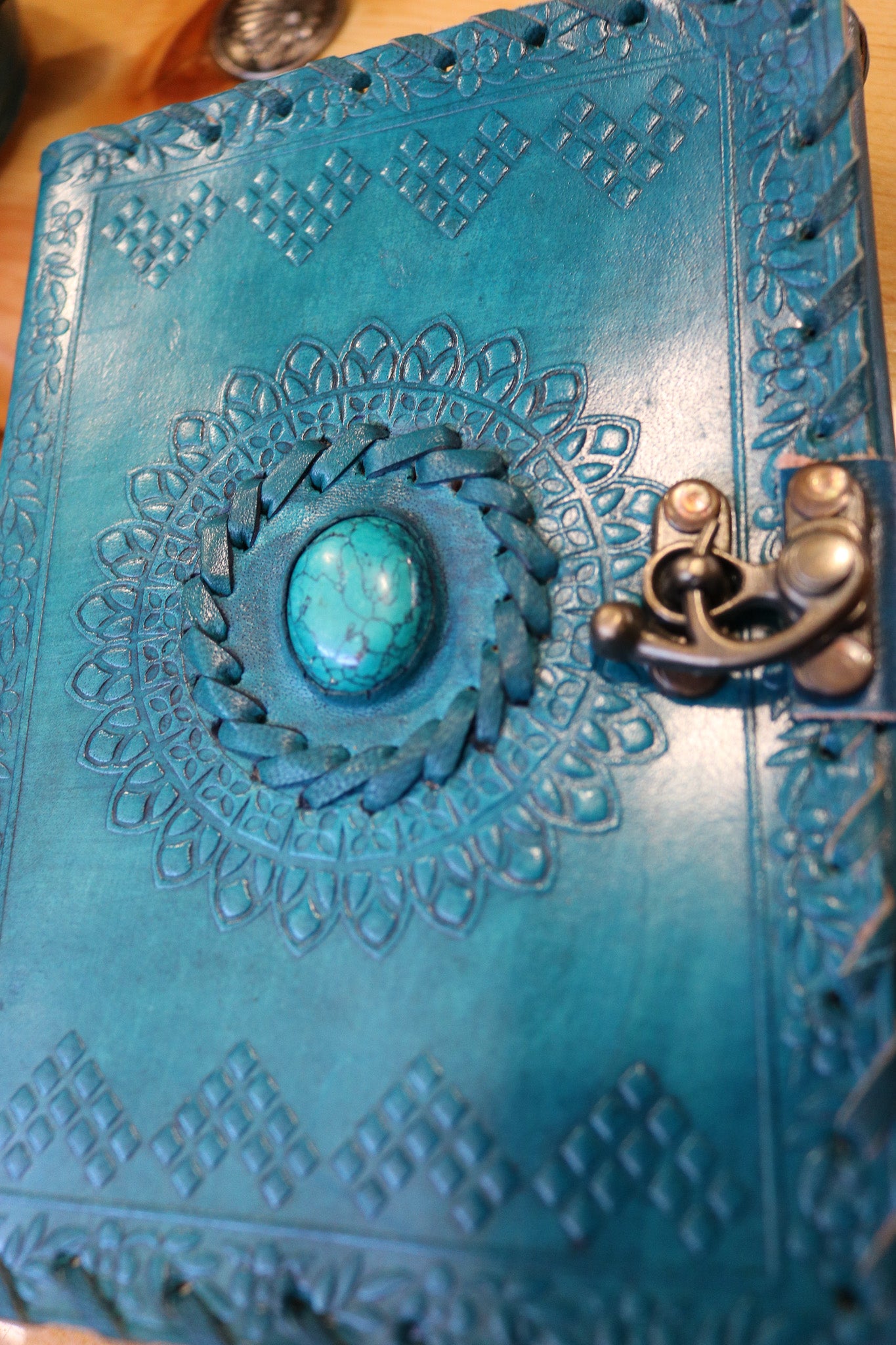 7 x 5 Book of Shadows with Turquoise Embedded Turquoise with Latch Lock