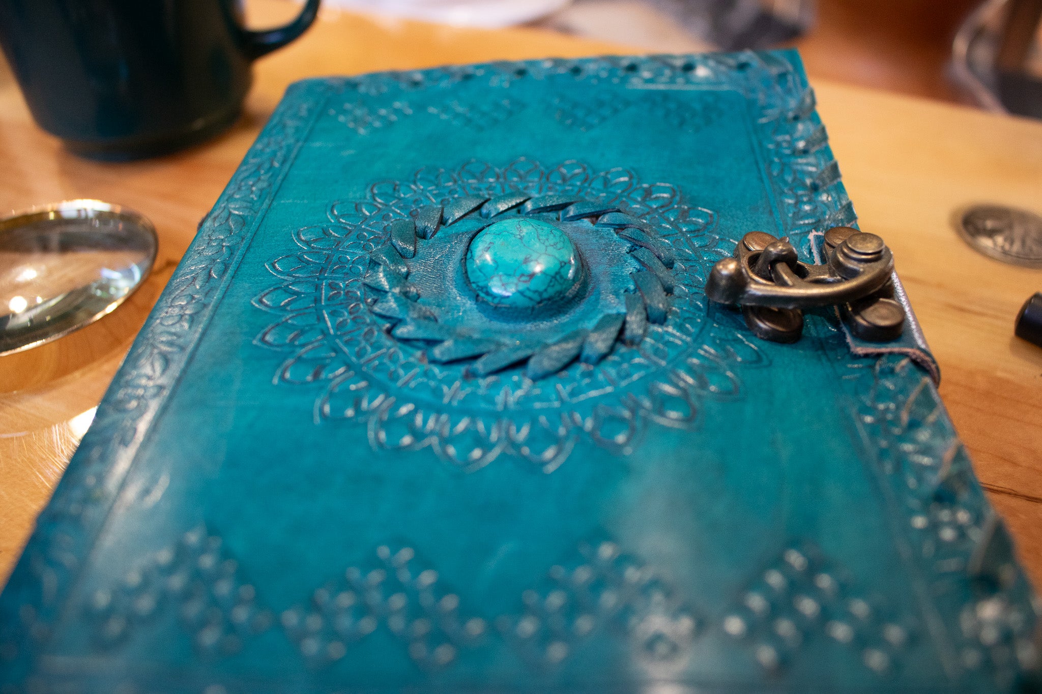 7 x 5 Book of Shadows with Turquoise Embedded Turquoise with Latch Lock