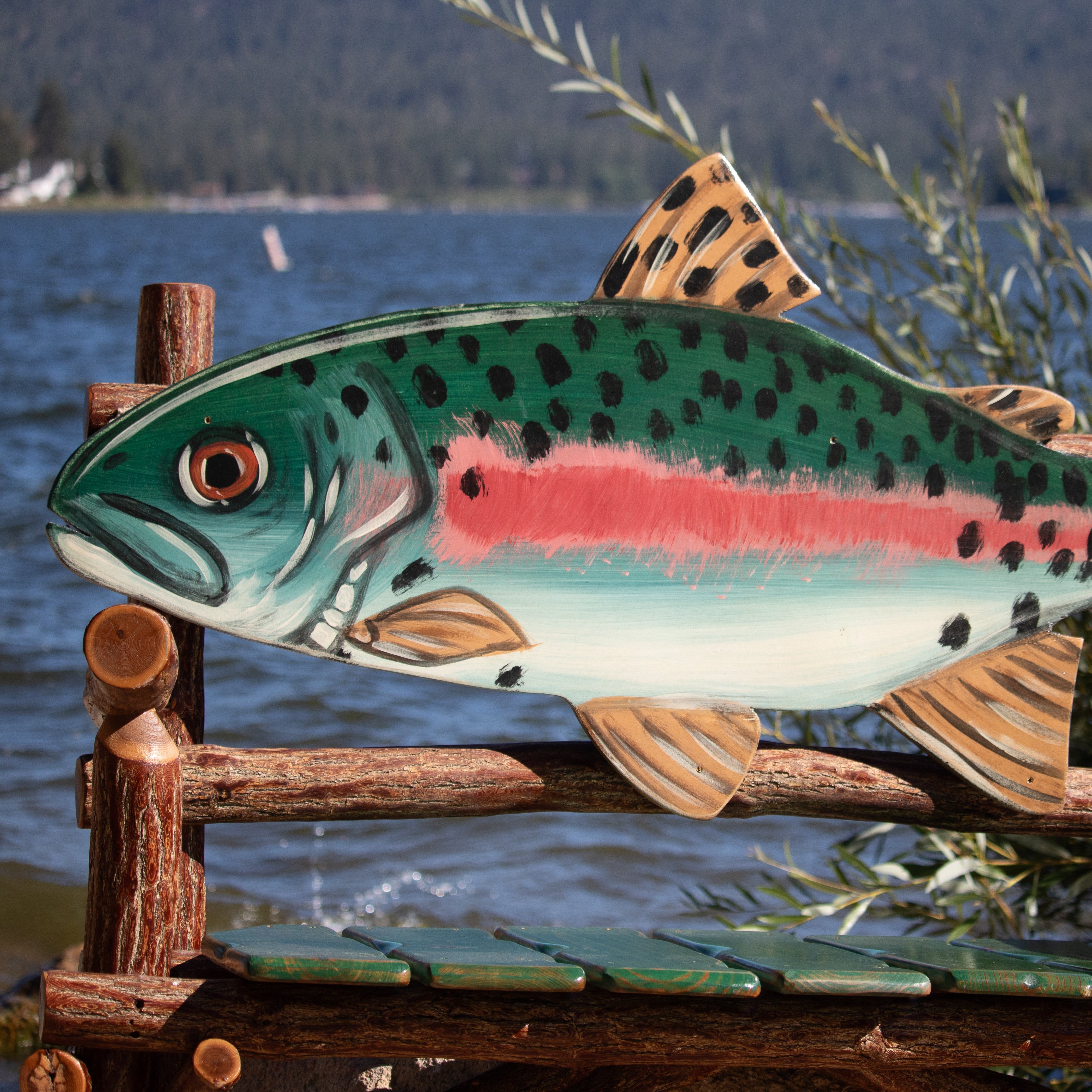 Natural Log Fish Bench Depicting a Realistic Rainbow Trout