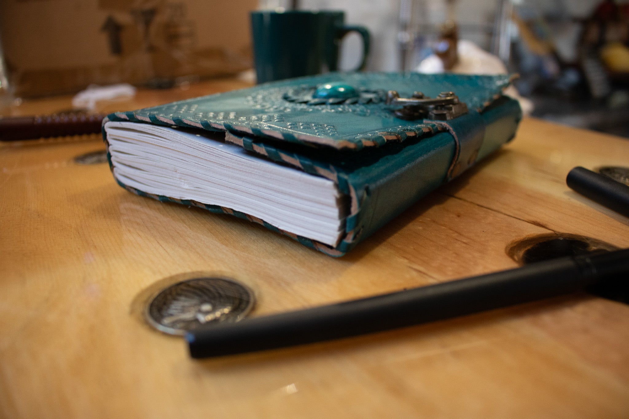 7 x 5 Book of Shadows with Turquoise Embedded Turquoise with Latch Lock