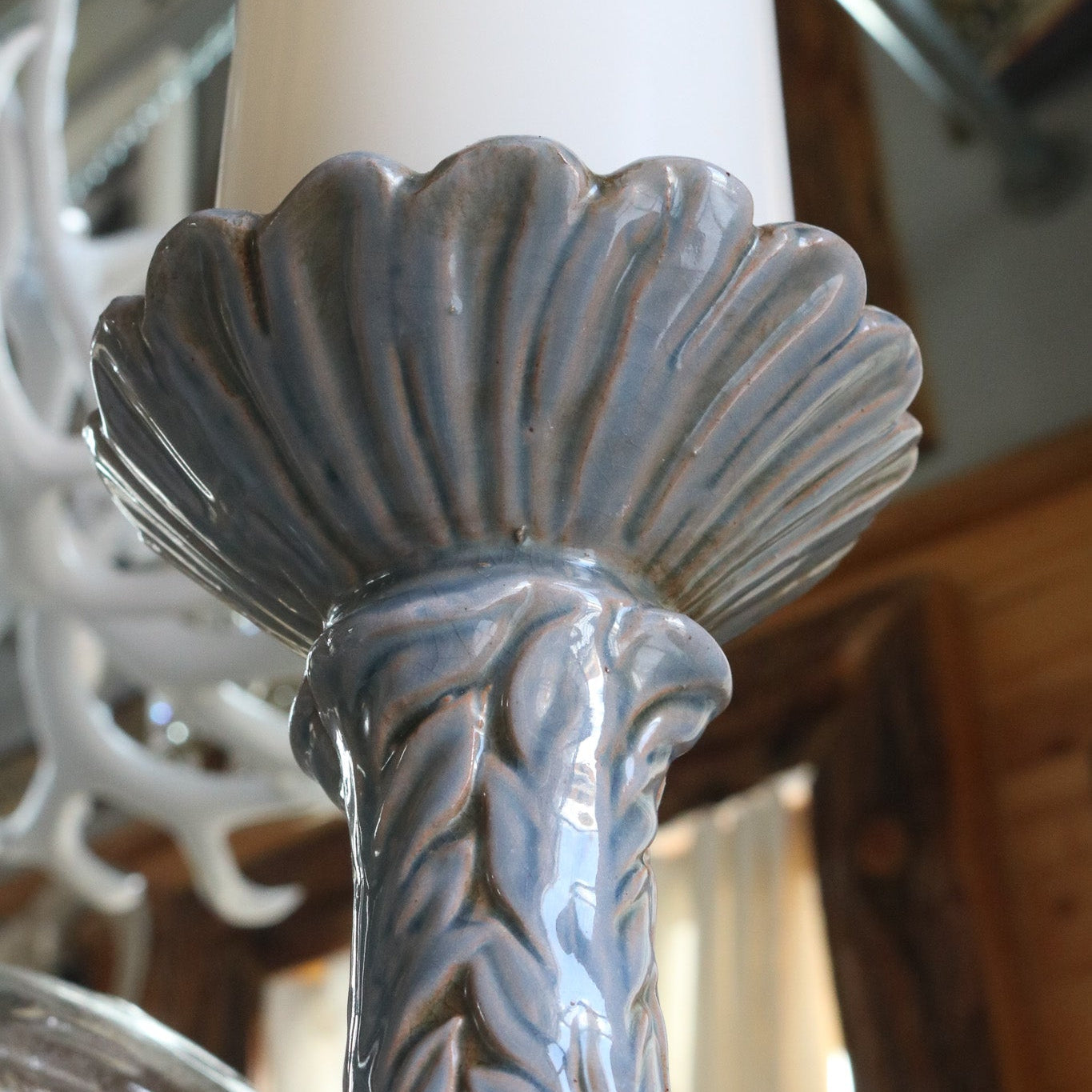 Ceramic Dusty Blue Rustic Candle Stick with Etched Leaf Detail