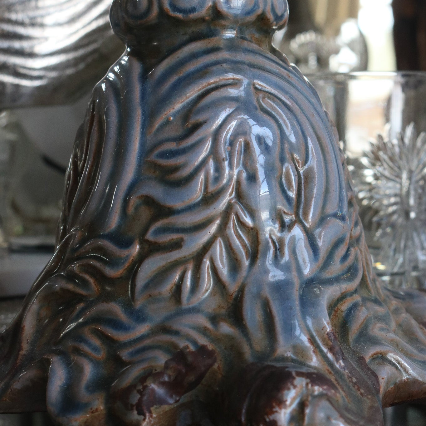 Ceramic Dusty Blue Rustic Candle Stick with Etched Leaf Detail