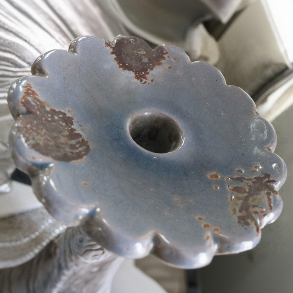 Ceramic Dusty Blue Rustic Candle Stick with Etched Leaf Detail