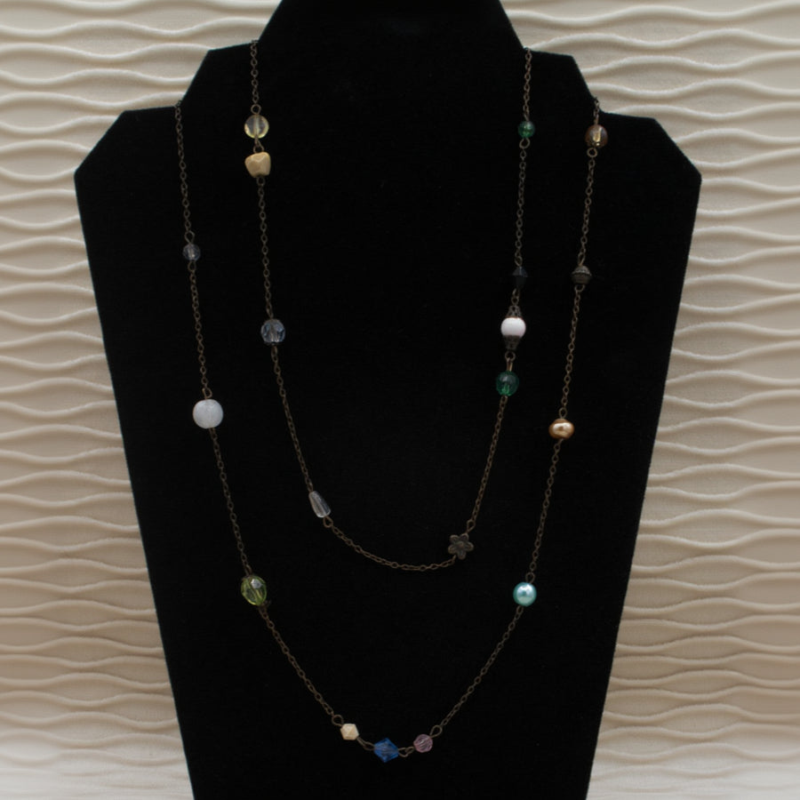 Dual Brass Chain Beaded Charm Necklace
