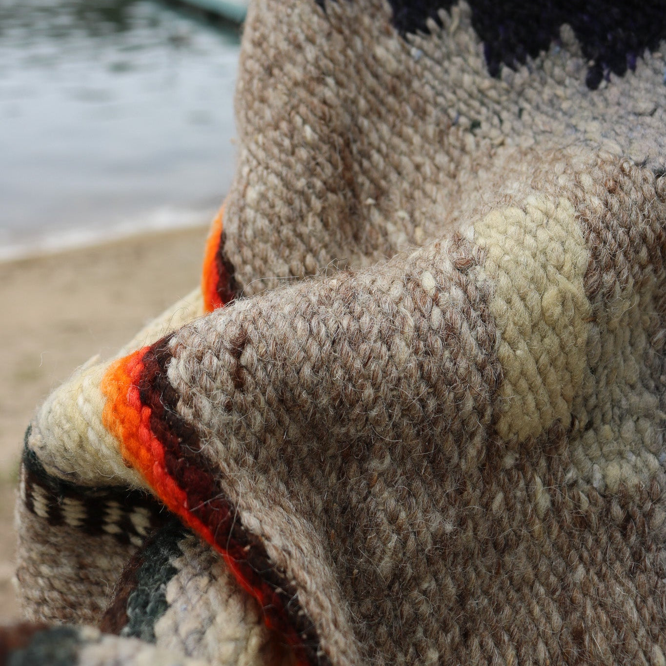 Authentic Vintage Southwestern Gray Woven Blanket with Colorful Native Design and Orange Accent Stitching