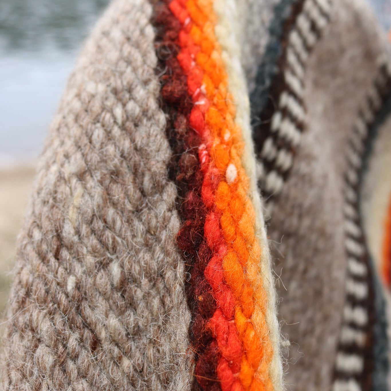 Authentic Vintage Southwestern Gray Woven Blanket with Colorful Native Design and Orange Accent Stitching