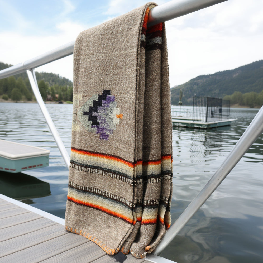 Authentic Vintage Southwestern Woven Blanket with Colorful Native Design and Orange Accent Stitching