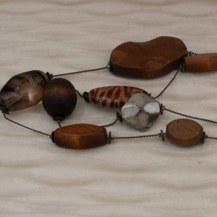 Irregular Wooded Bead and Stone Metal Necklace