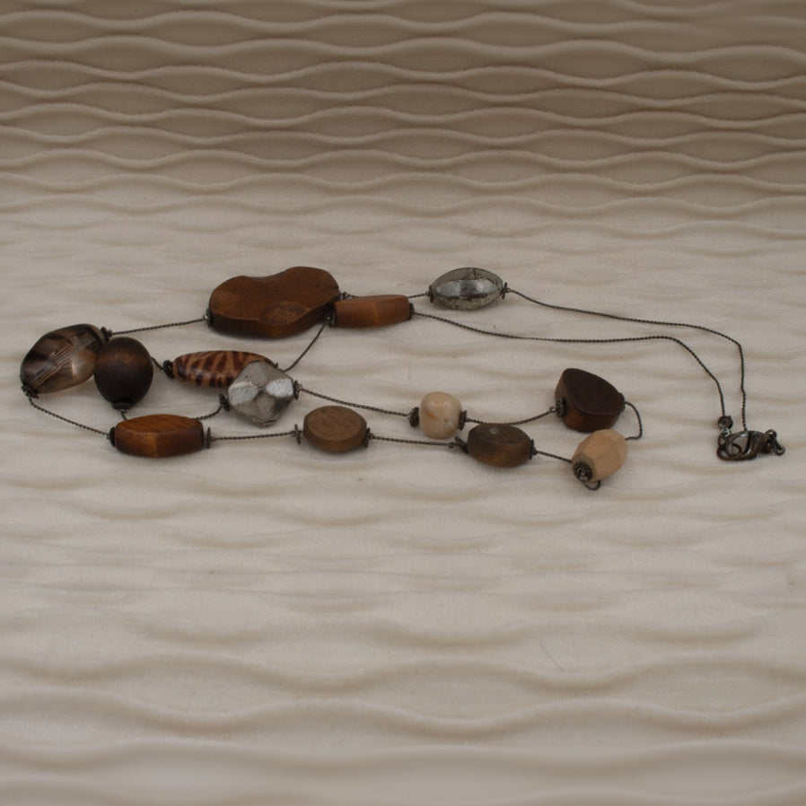 Irregular Wooded Bead and Stone Metal Necklace