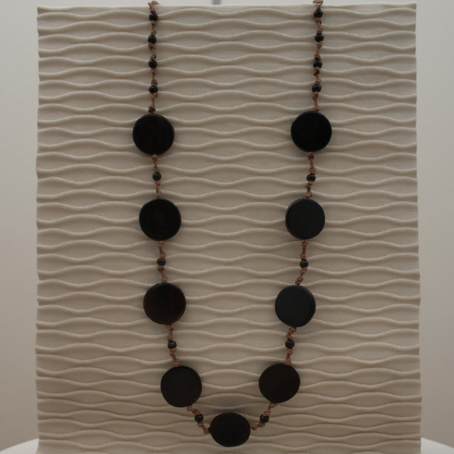 Brown Flat Round Bead Hand-Tied Cord Necklace