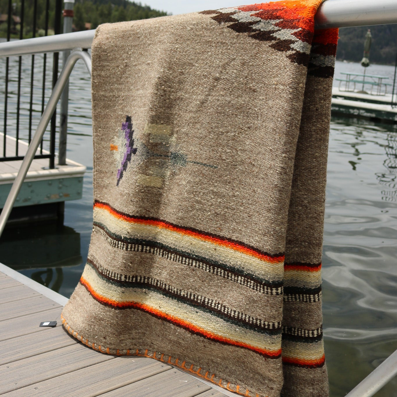 Authentic Vintage Southwestern Gray Woven Blanket with Colorful Native Design and Orange Accent Stitching