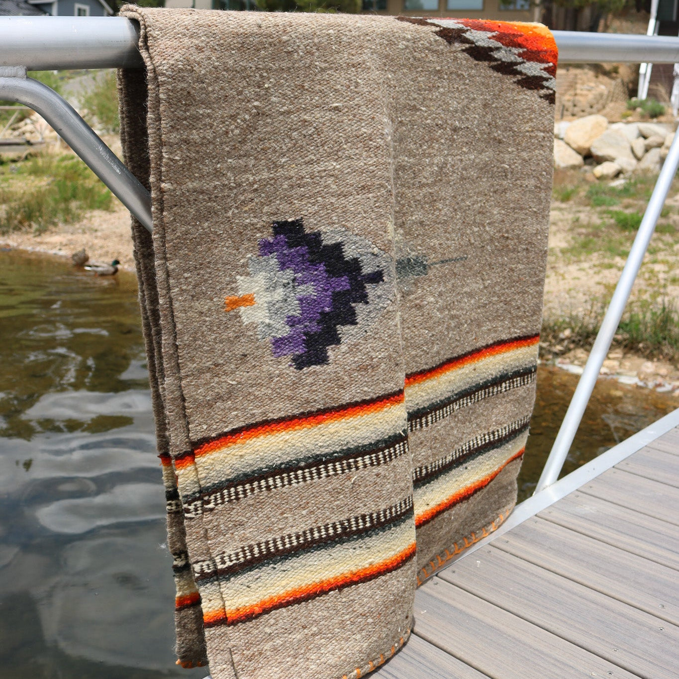 Authentic Vintage Southwestern Gray Woven Blanket with Colorful Native Design and Orange Accent Stitching