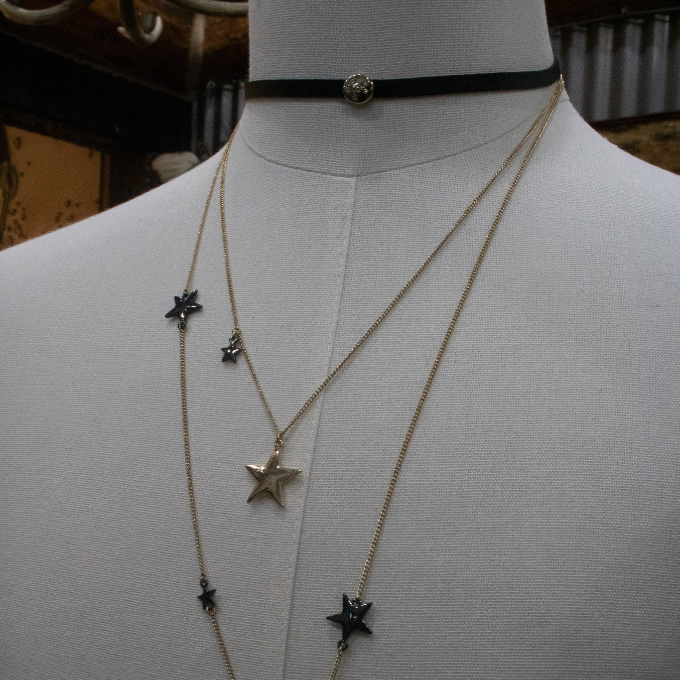 Celestial Themed Black Ribbon Choker with 2 Tier Gold Chains with Star and Moon Charms