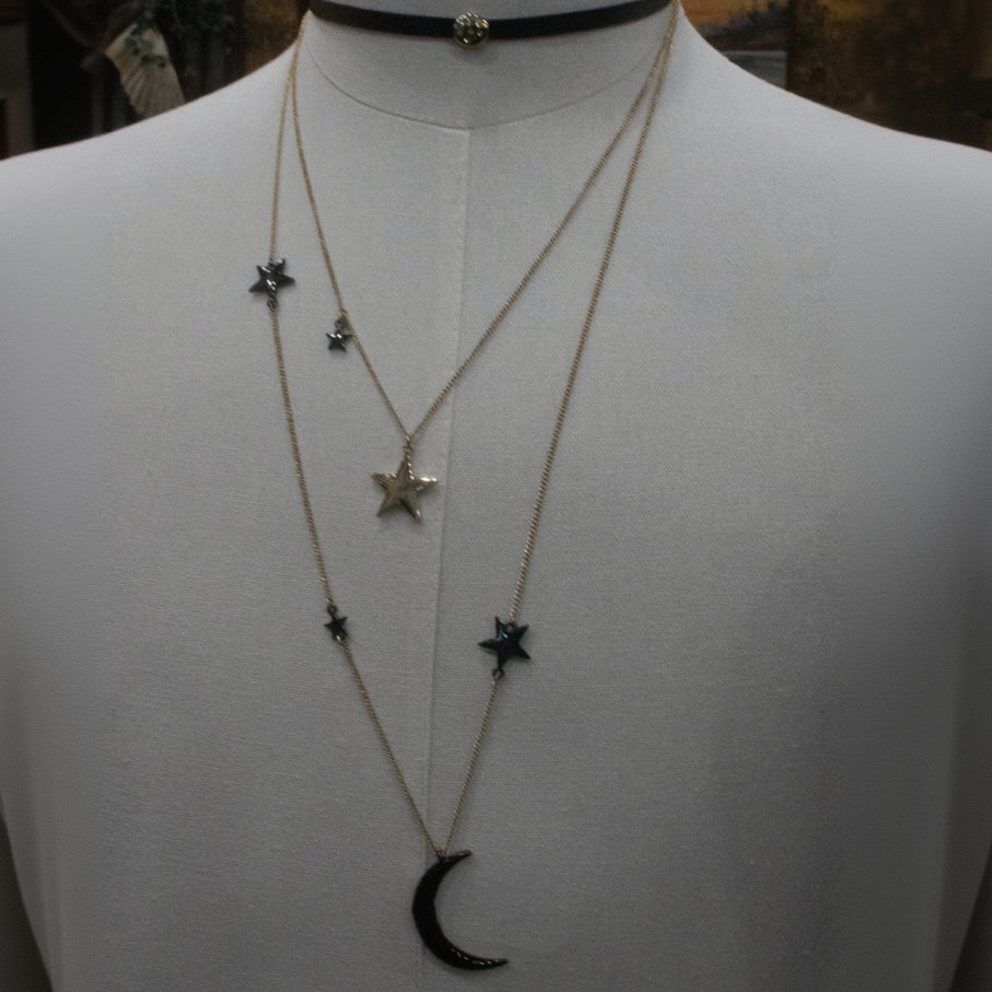 Celestial Themed Black Ribbon Choker with 2 Tier Gold Chains with Star and Moon Charms
