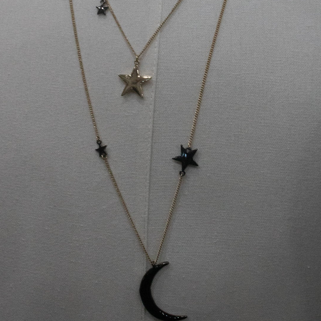 Celestial Themed Black Ribbon Choker with 2 Tier Gold Chains with Star and Moon Charms