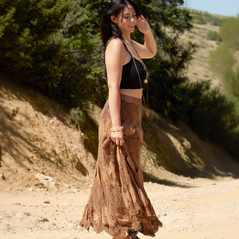 Vintage Bohemian Crochet Lase Brown Skirt
