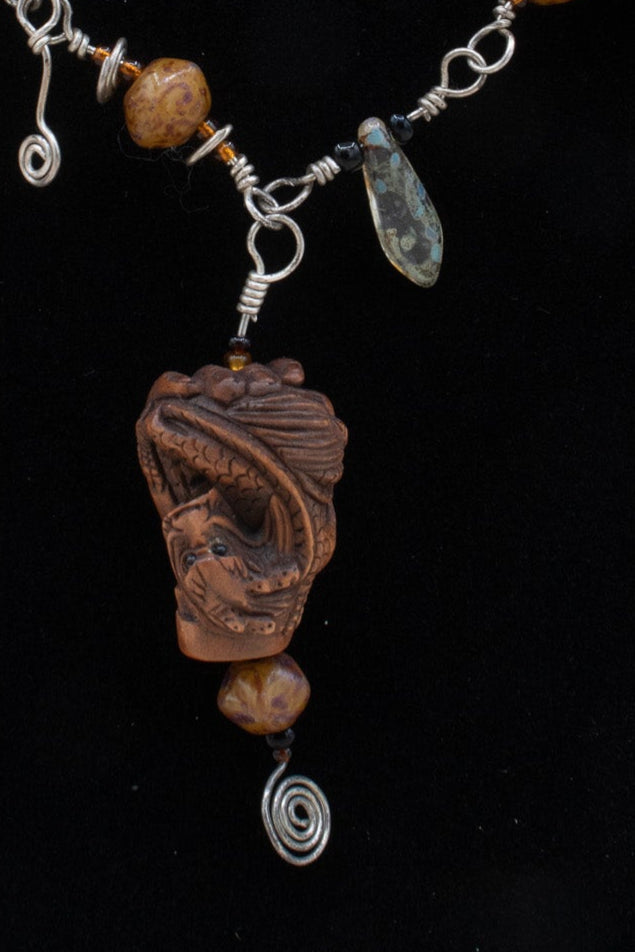 Handmade Irregular Beaded Twisted Metal Necklace with Carved Wood Charm