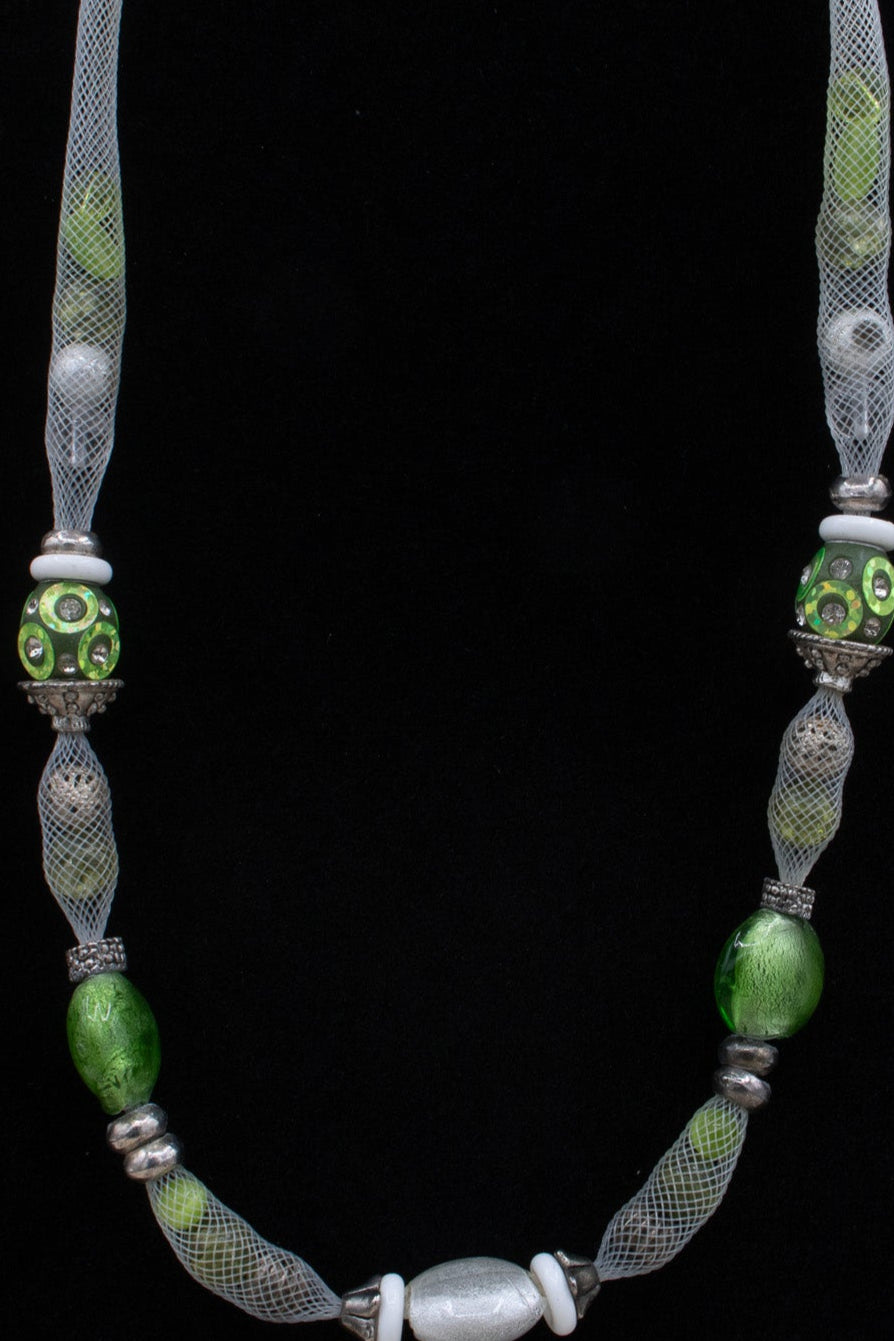 Multicolored Mesh Covered Green Gemstone Necklace